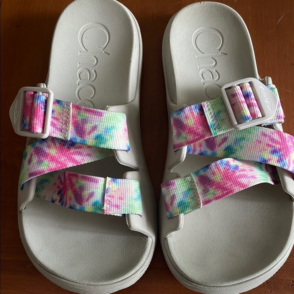 Chaco Pink and Blue Sandals Vibrant Tie-Dye Design